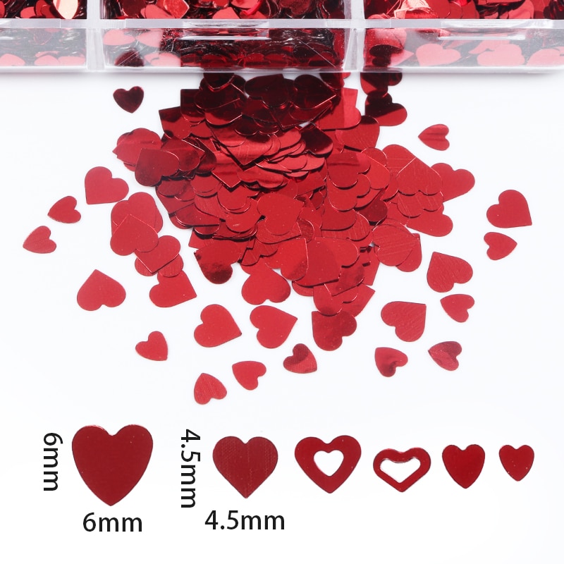 6 Grids Mixed Valentine's Day Nail Art Sequins Shiny Red Love Heart Glitter Flakes Nail Supplies For Professionals Accessories 