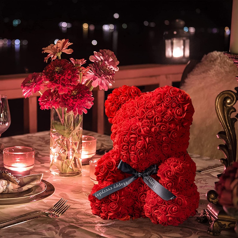 Teddy Rose Bear 25cm Artificial Flowers Rose Bear with Box Light Mom Girlfriend Wedding Anniversary Birthday Valentine Day Gift 