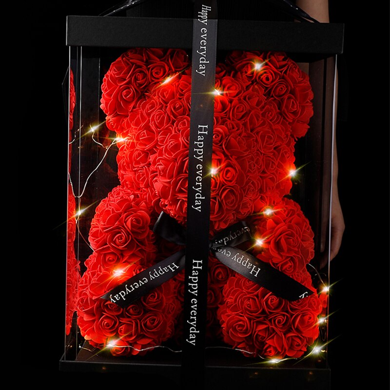 Teddy Rose Bear 25cm Artificial Flowers Rose Bear with Box Light Mom Girlfriend Wedding Anniversary Birthday Valentine Day Gift