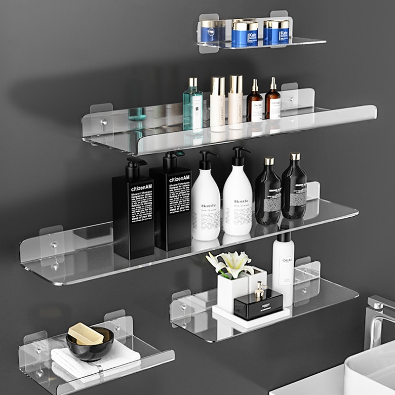 Wall Shelves Floating transparent Kitchen Mirror Acrylic Shelf Shower Organizer Storage Rack Bathroom Accessories 20-50cm 
