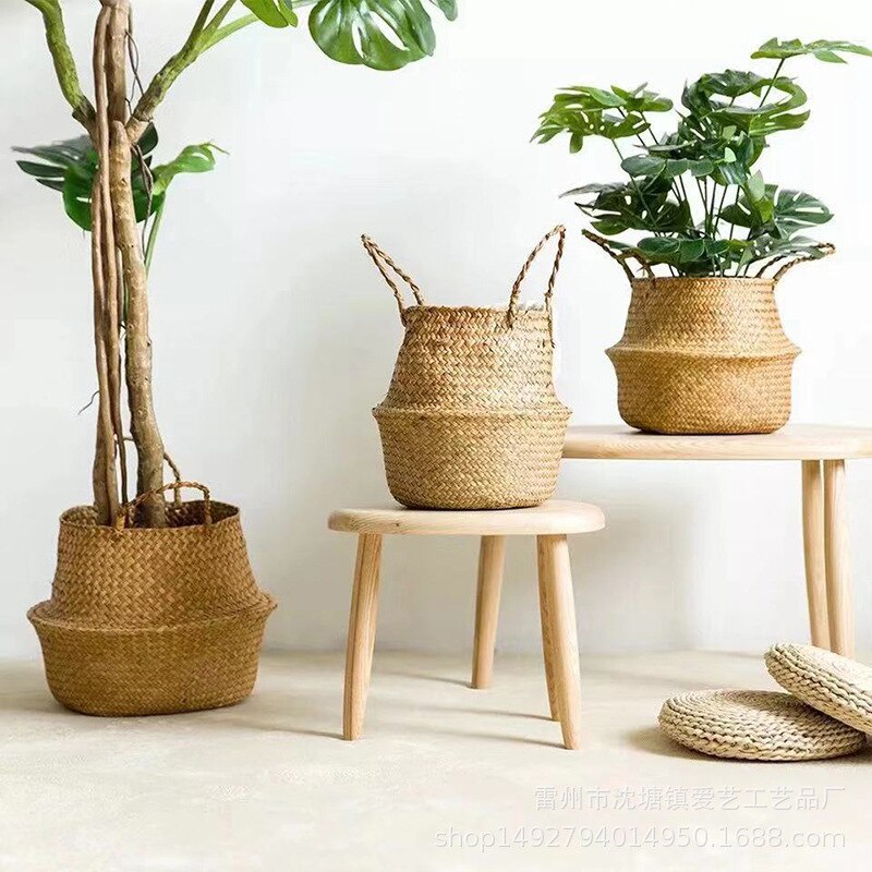 LuanQI Wicker Basket Toy Organizer Folding Rattan Seagrass Storage Basket Laundry Woven Basket Plant Flower Pot For Home Garden