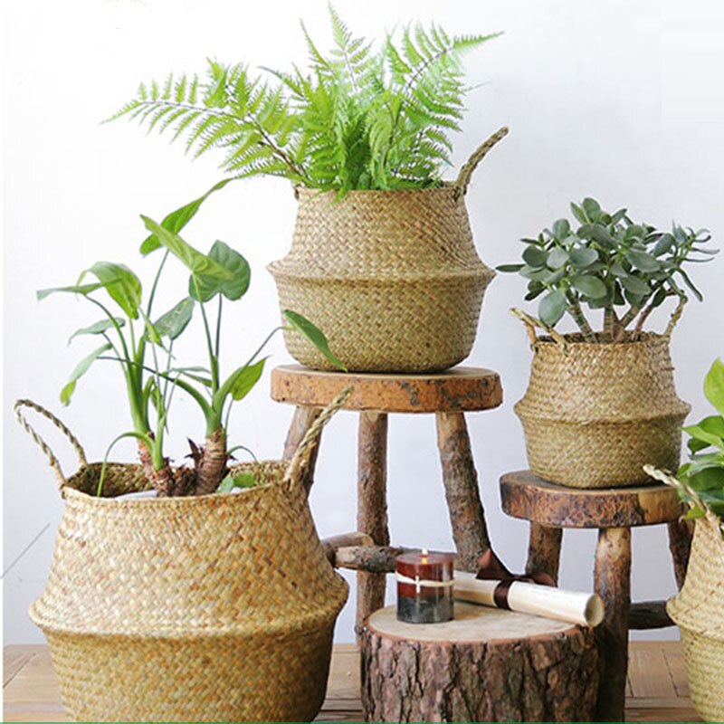 LuanQI Wicker Basket Toy Organizer Folding Rattan Seagrass Storage Basket Laundry Woven Basket Plant Flower Pot For Home Garden