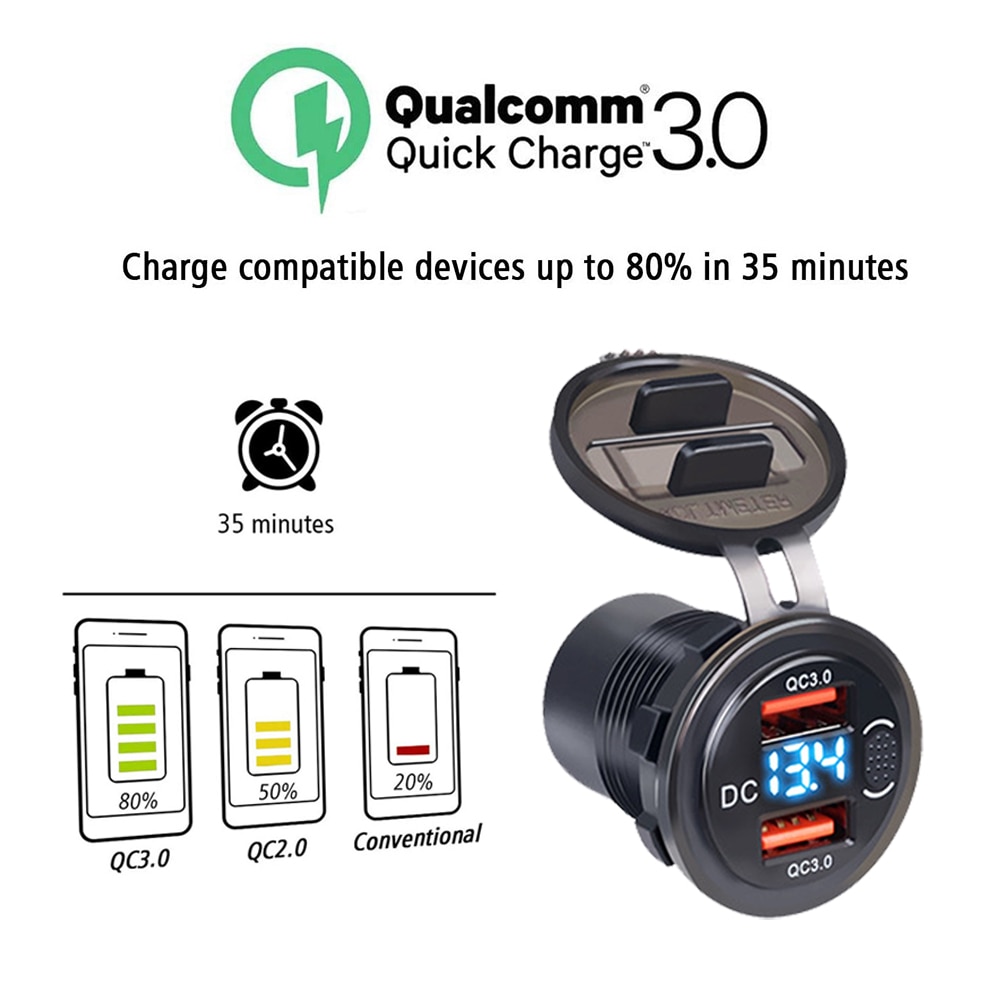 Car Charger QC3.0 Dual USB Cigarette Lighter Socket Waterproof With Voltmeter Switch Quick Charge Adapter 12/24V Car Accessories 