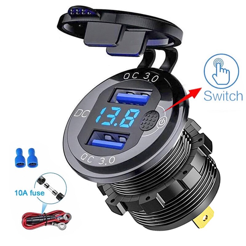 Car Charger QC3.0 Dual USB Cigarette Lighter Socket Waterproof With Voltmeter Switch Quick Charge Adapter 12/24V Car Accessories 