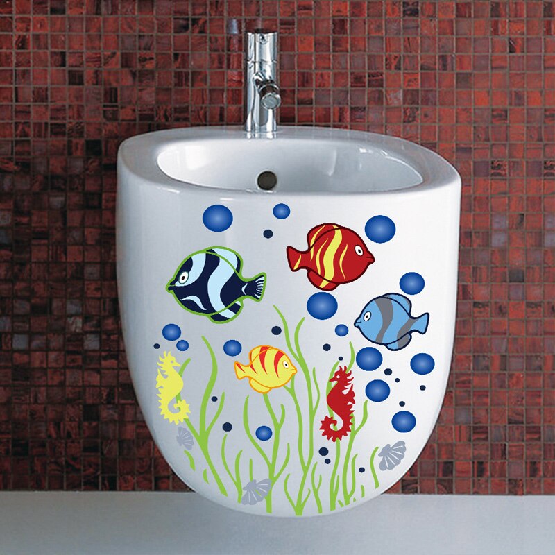 Cartoon Undersea Fish Toilet Wall Stickers Bathroom Bathtub Decoration Cupboard Home Decor Decals Removable Waterproof Posters 