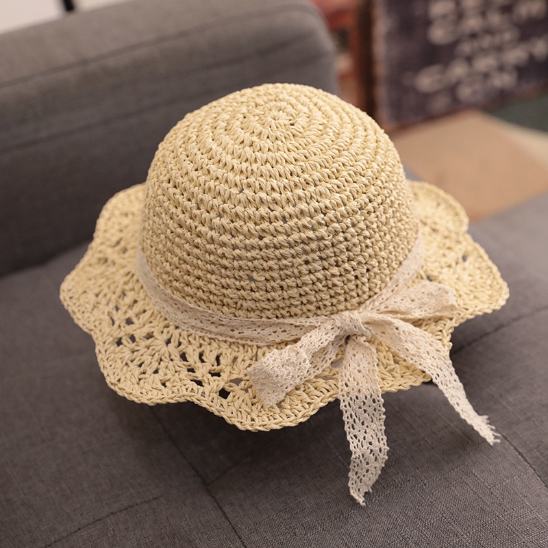 Fashion Baby Petal Brim Straw Woven Hat Sun Protection Lace Cap Kids Girls Princess Collapsible Beach Cute Infant Bucket Hats 