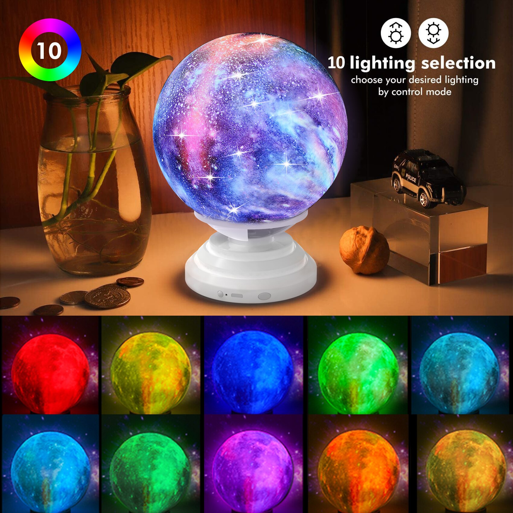 3D Moon Lamp White Noise Night Light Adjusted Speed Smart App Touch Galaxy Levitating with Remote Control 360°Flexible Rotation 