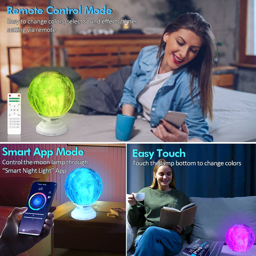 3D Moon Lamp White Noise Night Light Adjusted Speed Smart App Touch Galaxy Levitating with Remote Control 360°Flexible Rotation 