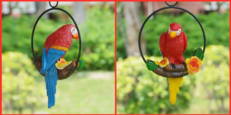 Creative Resin Parrot Hang On Tree Outdoor Garden Decoration Statue Animal Sculpture For Home Office Room Garden Decor Ornament
