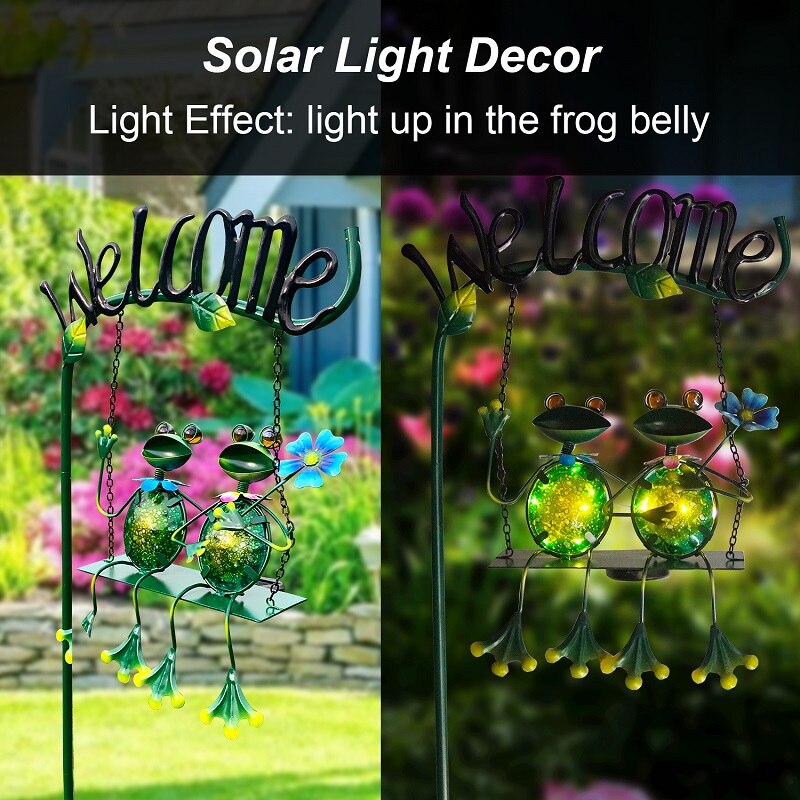 Outdoor Decor Solar Light Frog Swing Garden Decoration Frog Decorative Stake with Welcome Sign for Patio Landscape