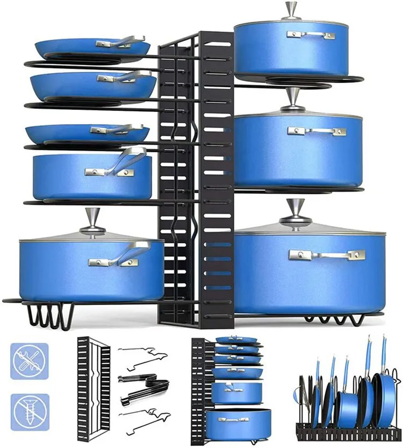5/8 Tiers Kitchen Rack Adjustable Pan Pot Rack Heavy Duty Metal Cabinet Pantry Organizer Pans Pots Lids Storage Holder Rack
