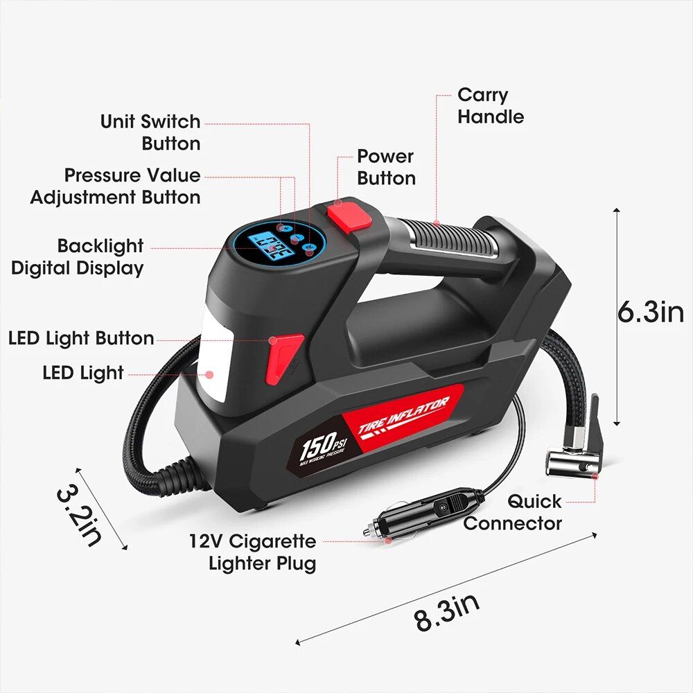 120W Portable Handheld Car Tire Inflator Pump with LED Light and Digital Display 