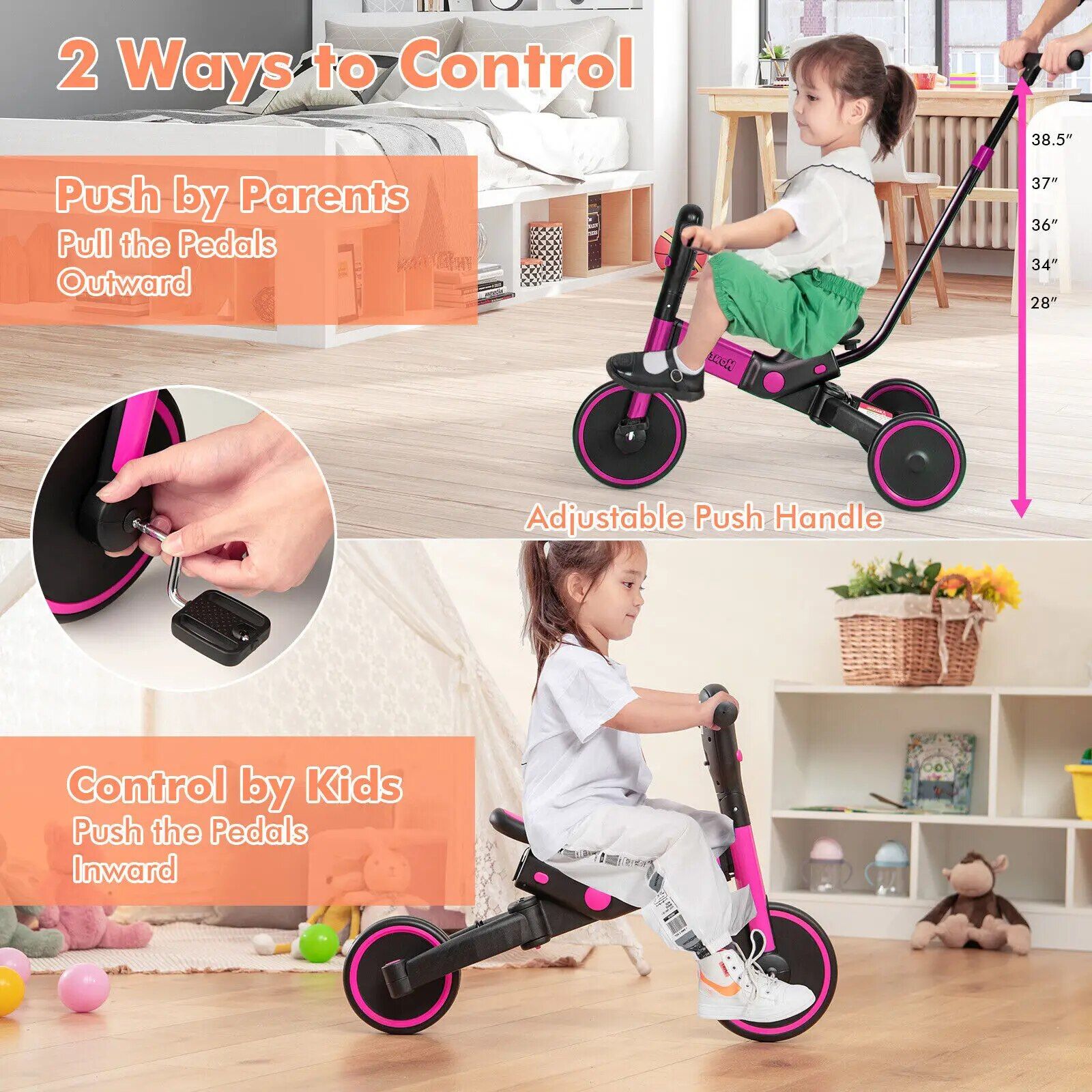 4-in-1 Foldable Toddler Tricycle with Push Handle 