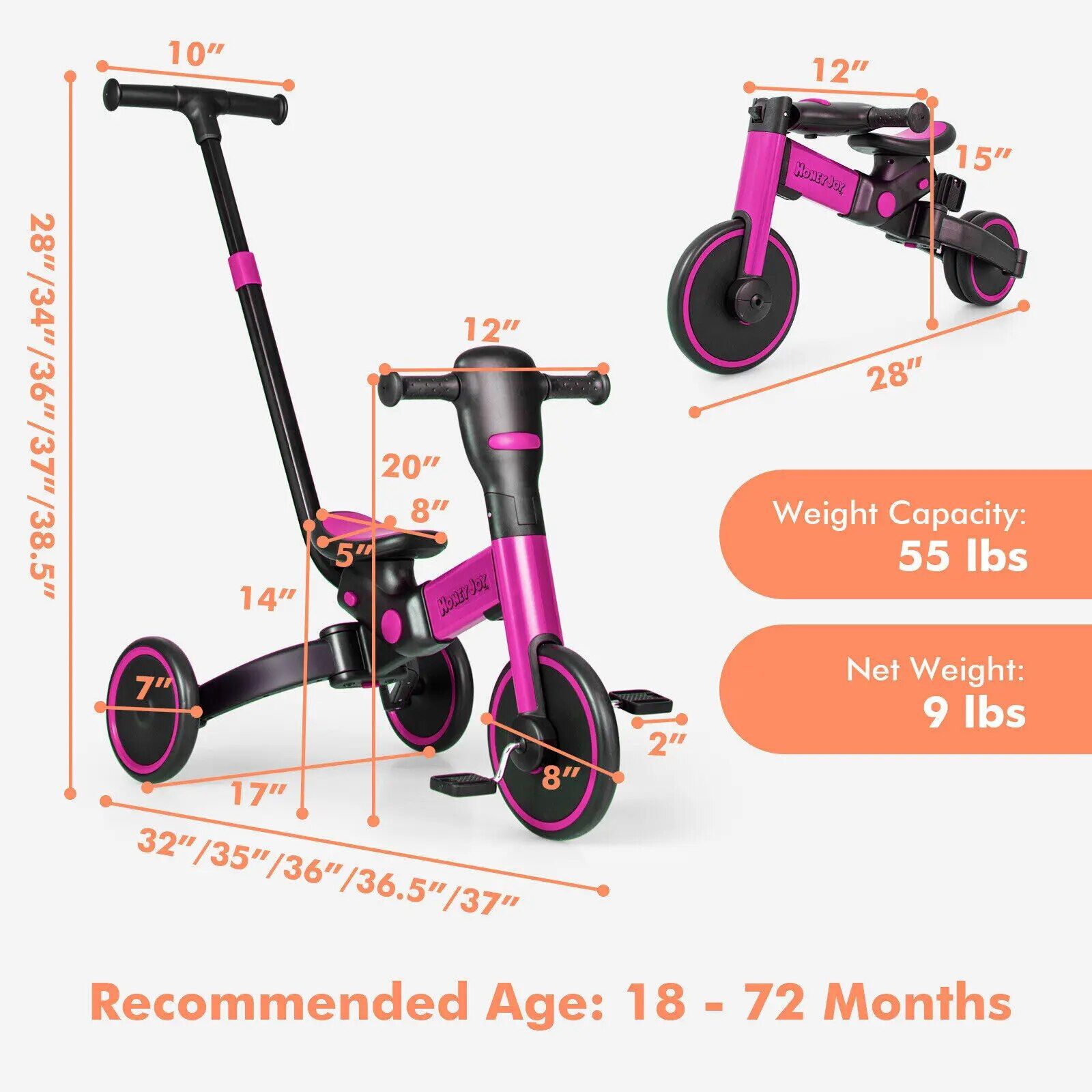 4-in-1 Foldable Toddler Tricycle with Push Handle 