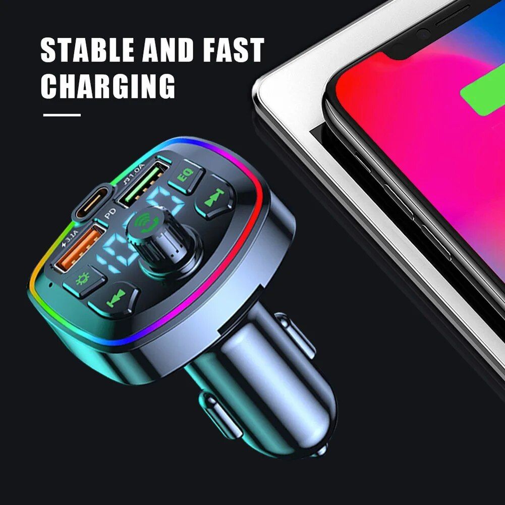 Bluetooth 5.0 Car FM Transmitter with Dual USB PD Charging & LED Backlit MP3 Player 