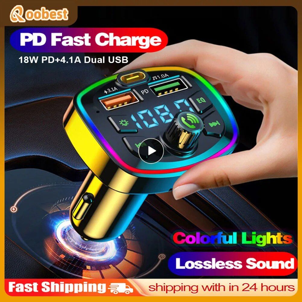 Bluetooth 5.0 Car FM Transmitter with Dual USB PD Charging & LED Backlit MP3 Player 