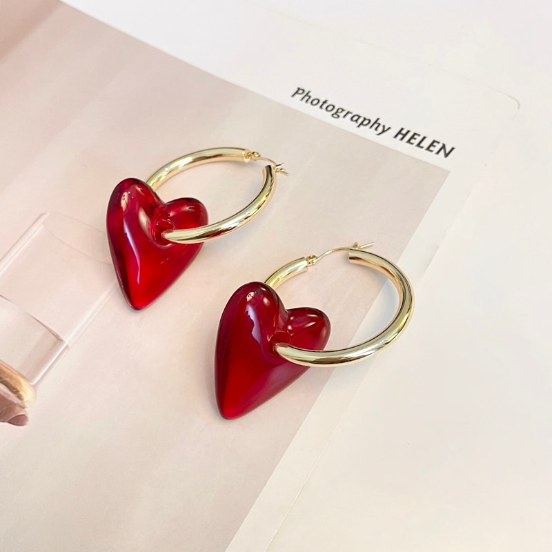 Chic Red Heart-Shaped Drop Earrings Color: Gold 