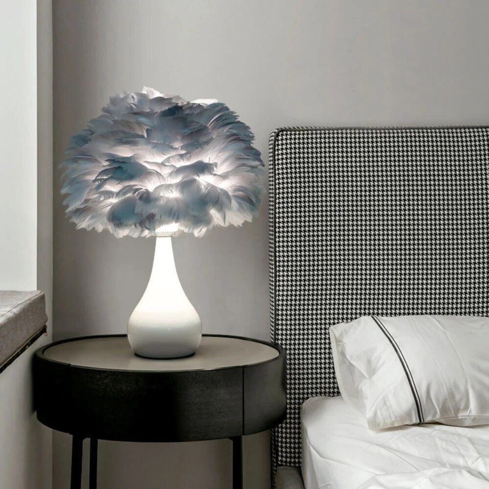Chic White Feather LED Table Lamp - Fashionable Modern Decor for Bedroom & Living Room 