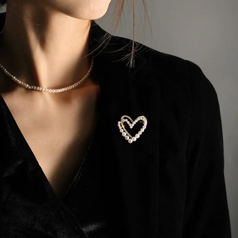 Elegant Double Layer Heart Brooch with Rhinestone & Imitation Pearl 
