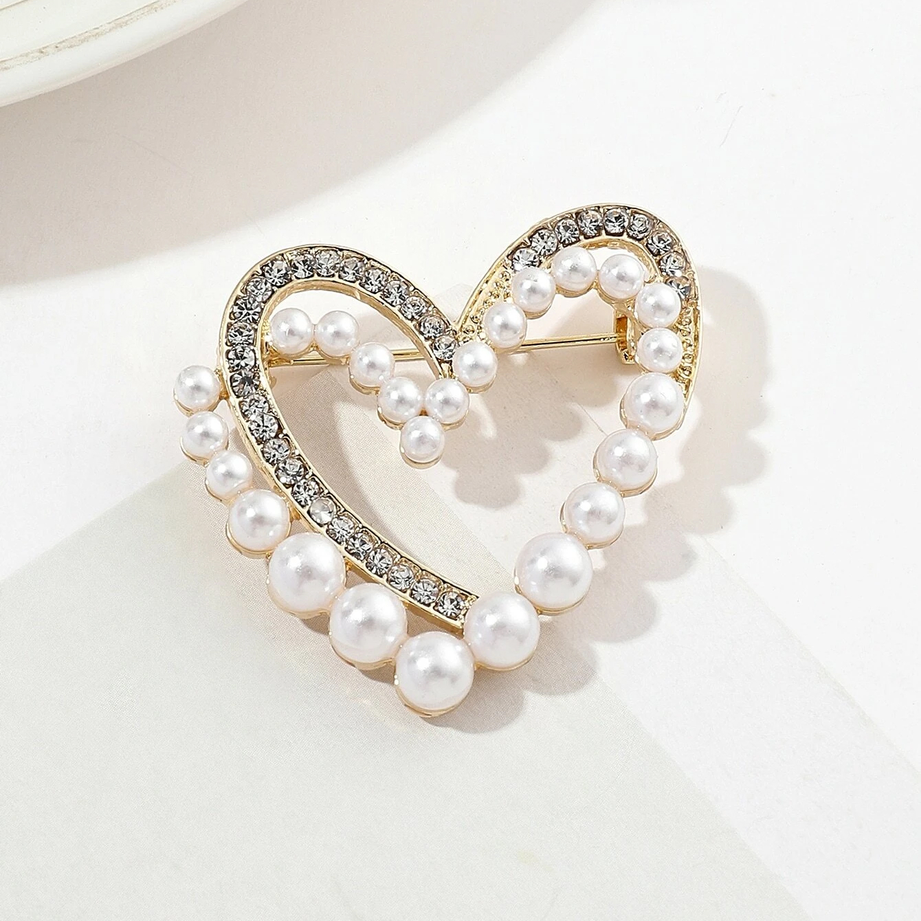 Elegant Double Layer Heart Brooch with Rhinestone & Imitation Pearl 