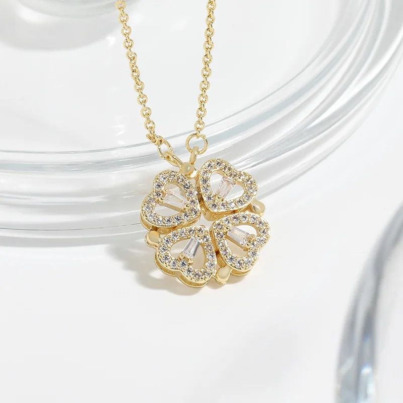 Elegant Heart-Shaped Crystal Clover Pendant Necklace - Fashion Jewelry for Women 