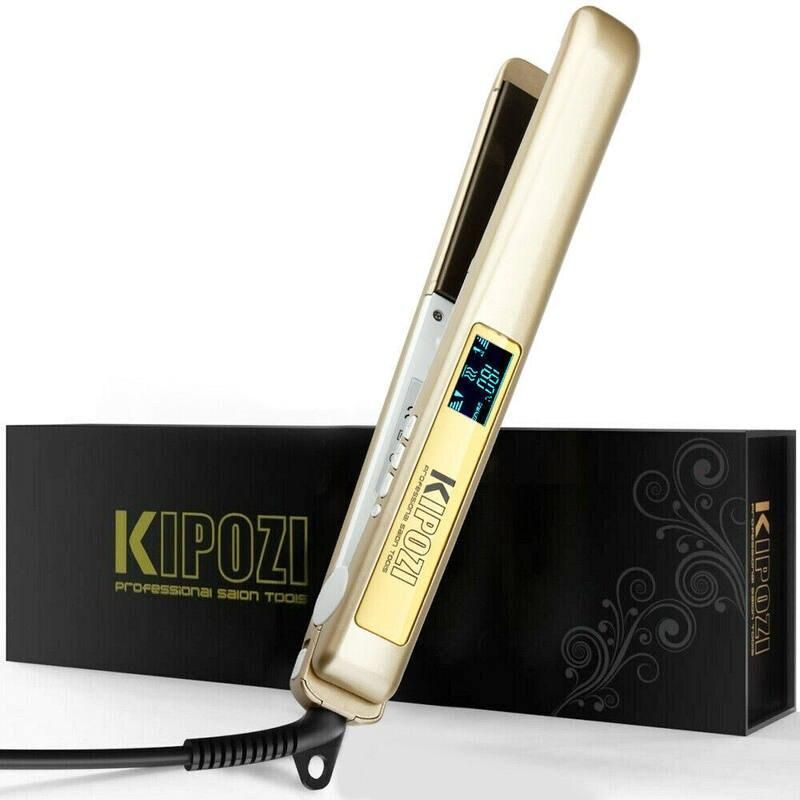 Professional Titanium Plate Flat Iron with LCD Digital Screen Color: Gold Plug : US 