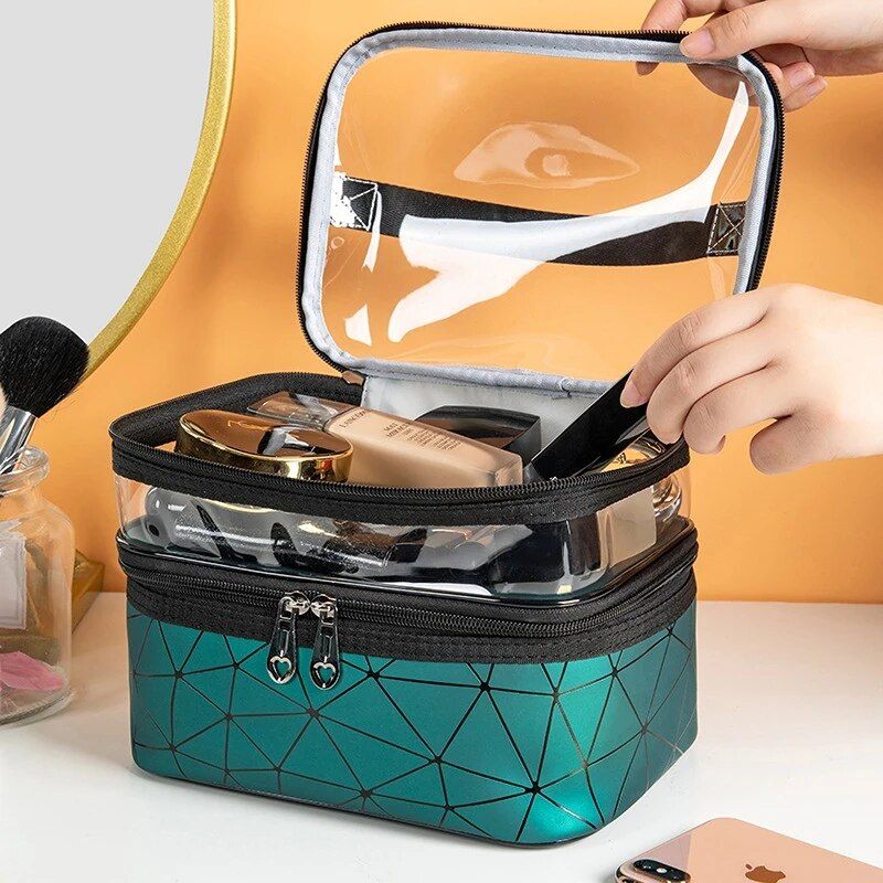 Sparkling Diamond Lattice Travel Makeup Bag - Waterproof, Multi-Function Cosmetic Case 