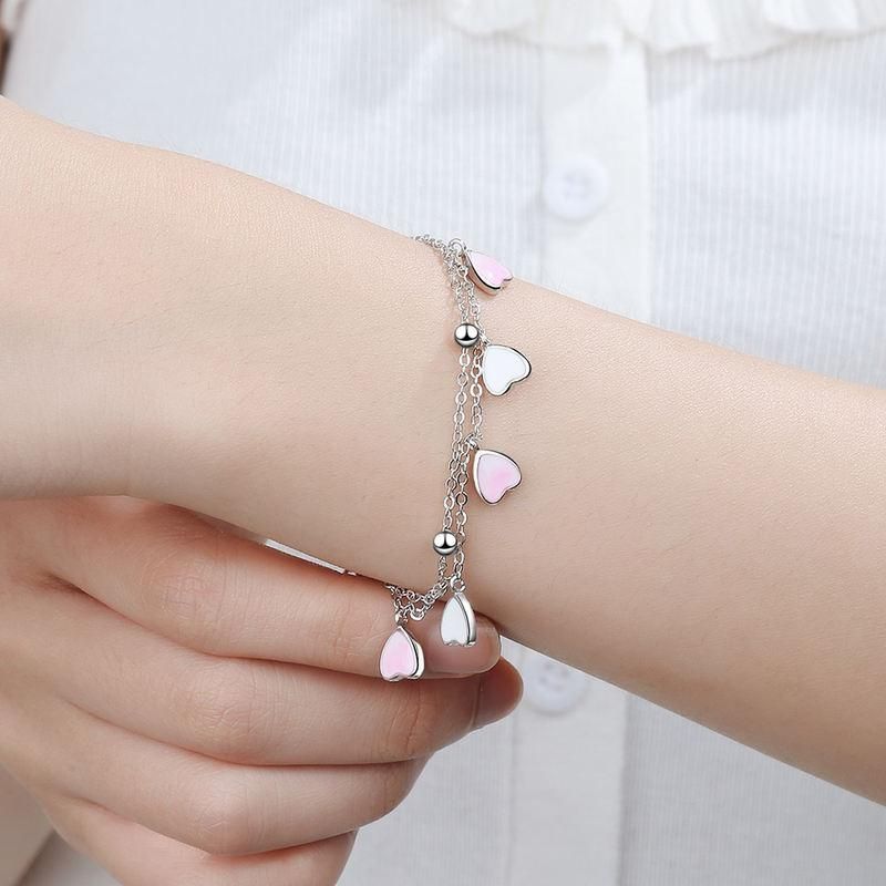 Sweet 925 Sterling Silver Pink Glaze Cherry Blossom Petals Gradient Heart Shaped Double Layer Chain Bracelets S-B262