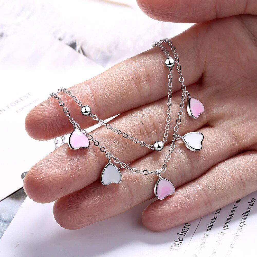 Sterling Silver Cherry Blossom Heart Charm Bracelet 