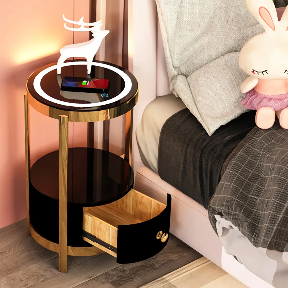 Modern Minimalist Nightstand with Wireless Charging and LED Light Color: Black/Gold with Drawer 