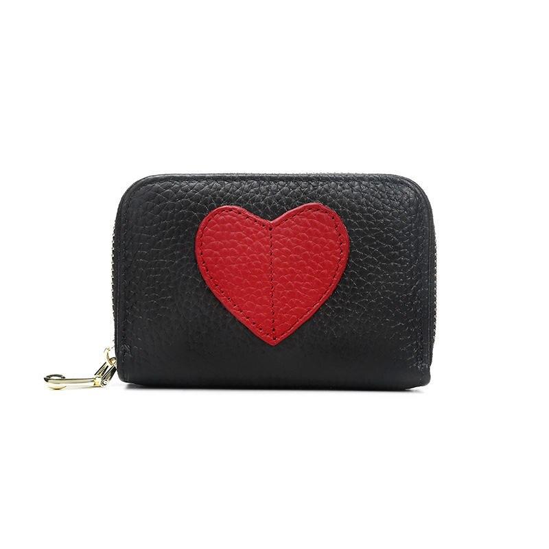 Genuine Leather Mini Wallet with Heart Decoration & Pearl Accent 