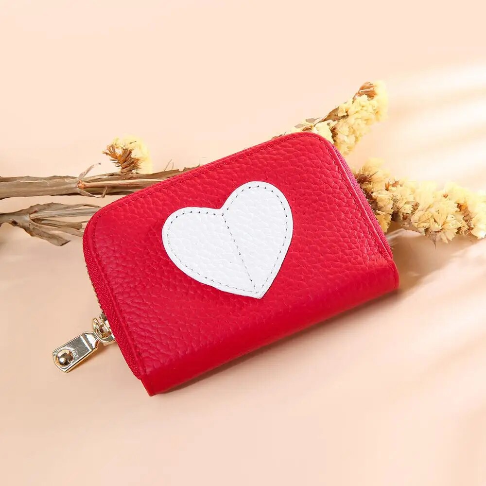 Genuine Leather Mini Wallet with Heart Decoration & Pearl Accent 